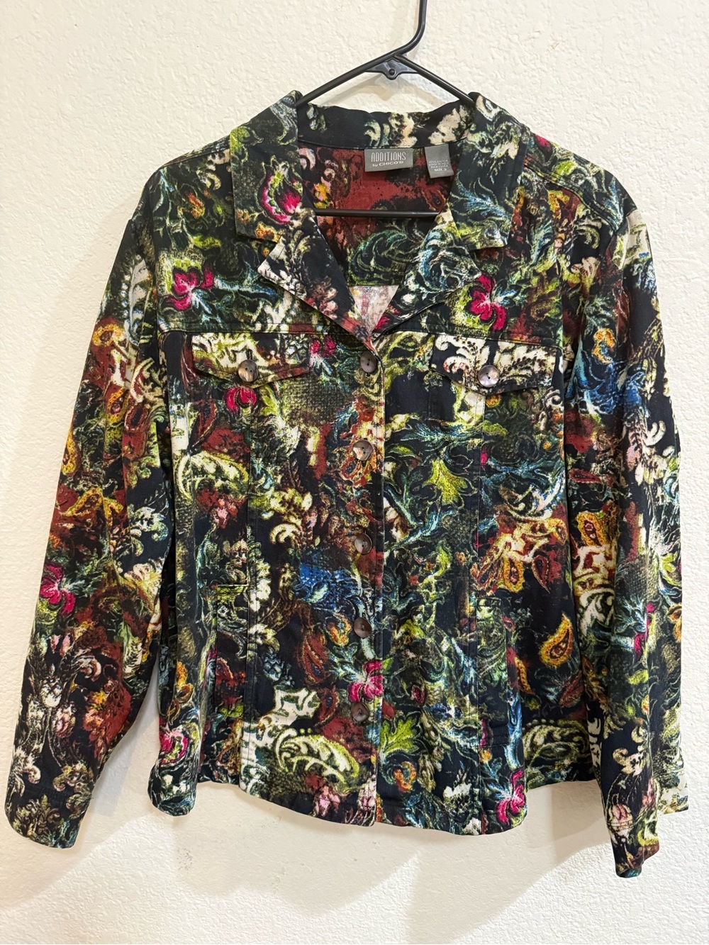 Chico's ADDITIONS Multicolor Floral Print Jacket with Black & Red Accents